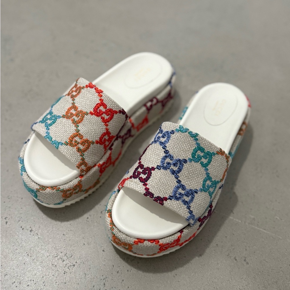 Gucci White Slides with Colorful Logo Pattern